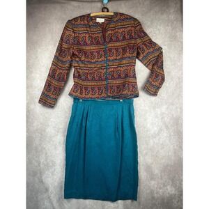 Vtg Adrianna Papell Silk Skirt Suit Wm 12 Blue Paisley 2 Piece Jacket Skirt Set‎